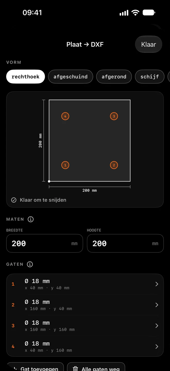 Plate → DXF: type in sizes and holes.
