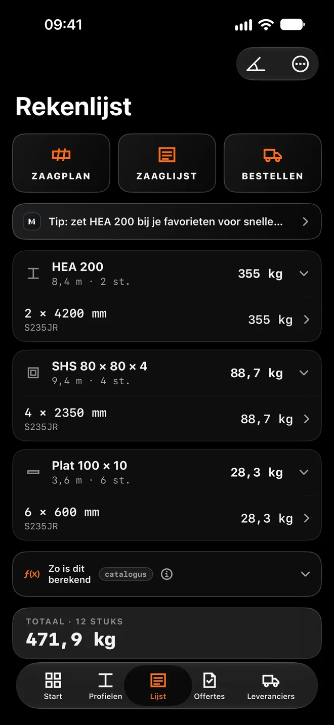 Takeoff list: weight per section and the total.